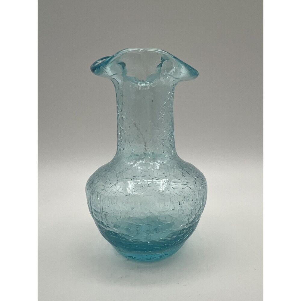 Hand Blown Blue Crackle Glass 4.5” Bud Vase w Ruffled Edge Art Glass